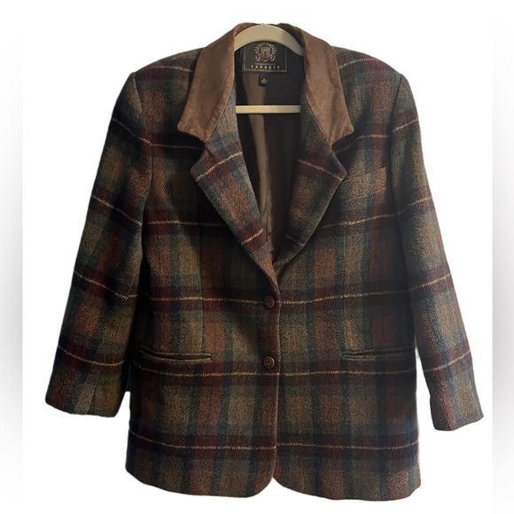 Express Jackets & Blazers - Women's vintage express wool blend plaid blazer brown faux suede collar size M